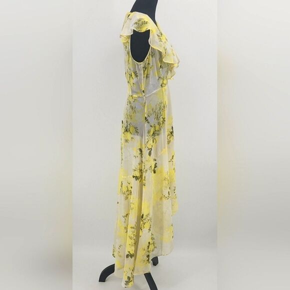 Calvin Klein Sheer Maxi Dress Size 6 Yellow Floral Chiffon High Low Faux Wrap - Picture 5 of 10